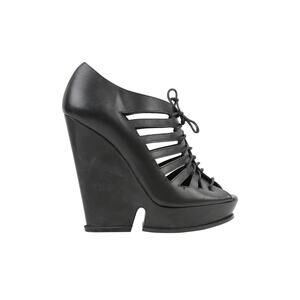 YSL Women's Black Hortense Leather Lace-Up Platform Wedge Heels Size 37.5